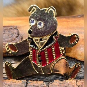 Newpro Teddy Bear Brooch Gold Tone w/ Crystal Eyes Enamel 1.75" Square